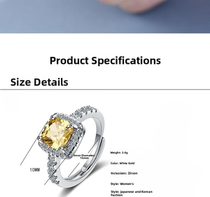 Detailed view of women's ring with 10mm yellow square zircon and adjustable silver band