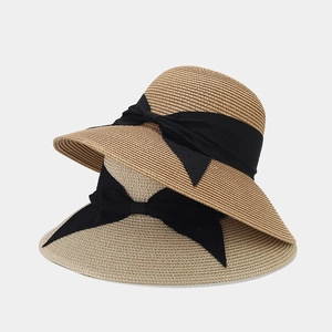 French retro wide-brim straw hat with black bow ribbon for summer sun protection