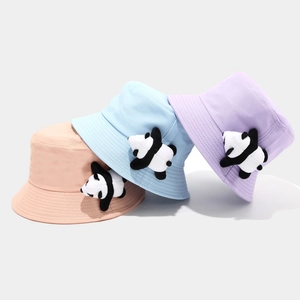 Cute panda plush bucket hat for sun protection in pink, blue, and purple cotton twill