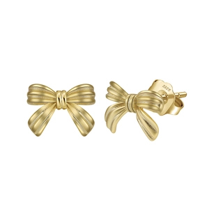 Elegant gold-plated S925 sterling silver ribbon bow stud earrings on white background
