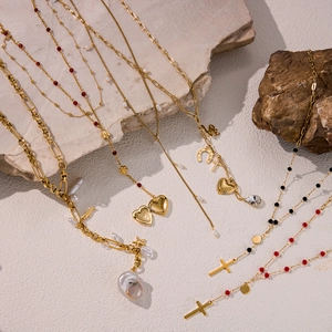 Stainless Steel Y-Shaped Multi-Layer Necklace Gold Plated Waterproof Hypoallergenic Heart Cross Artificial Pearl Boho Jewelry For Women