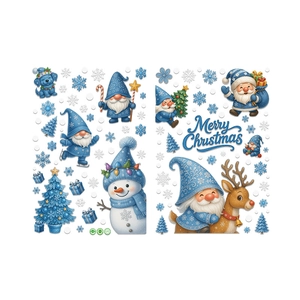 Blue Christmas window static stickers set with gnomes, reindeer and Merry Christmas text