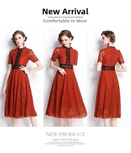 Three-way view of red lace dress showing stand collar and hollow-out waist detail