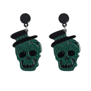 Green glitter skull earrings with black top hats, stylish Halloween acrylic jewelry studs