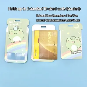 Lindo porta tarjetas de rana verde con cordón para estudiantes y autobús ID