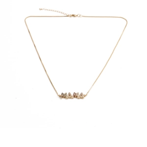 Golden MAMA necklace with shimmering zircon stones and adjustable chain on white background
