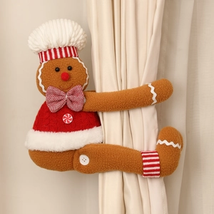 Gingerbread man curtain tieback with chef hat and red vest for Christmas decoration