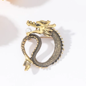 Vintage golden dragon brooch with white pearl detail for men's suit jacket accessory