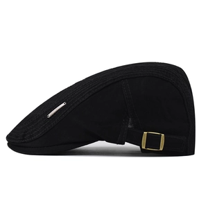 Classic black cotton beret cap with metal side badge and vintage adjustable brass buckle