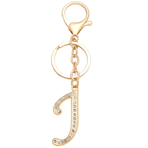 Detailed macro view of the rhinestone-studded golden letter J alphabet keychain charm