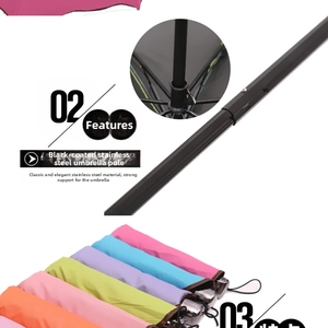 Detail of black-coated stainless steel umbrella shaft and colorful folding umbrellas