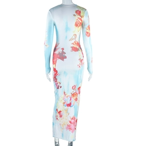 Rear view detail of slim fit long sleeve floral maxi dress with vibrant print
