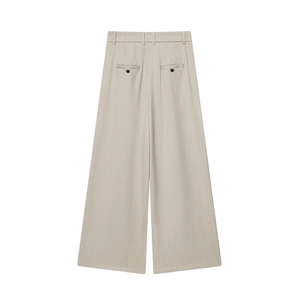 High-waist wide-leg wool blend trousers in greige with rear button pockets shown from back
