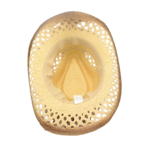 Close-up of 100% paper straw cowboy hat interior with sweatband and wash label