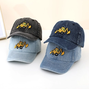 Denim kids baseball caps with yellow excavator embroidery in four assorted wash colors