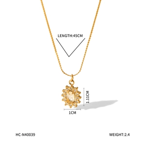 Detailed view of 18K gold stainless steel sunburst pendant with dimensions and weight info