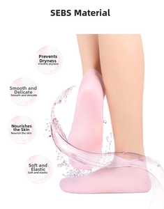 Detail showing soft pink moisturizing silicone socks for heel crack prevention and foot care