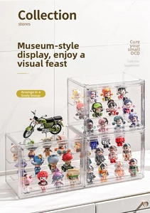 Stackable clear acrylic display box with tiered shelves for collectible action figures