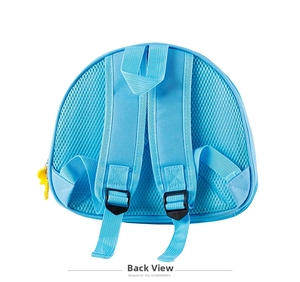 Detail of blue kid's backpack with breathable honeycomb mesh and adjustable straps
