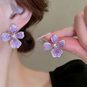 Purple Flower Stud Earrings Alloy Enamel Floral Jewelry With Artificial Pearl Decor And Silver Earring Post For Women Elegant Style