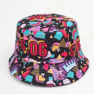 Detailed view of colorful 90s vintage print on black double-sided bucket hat