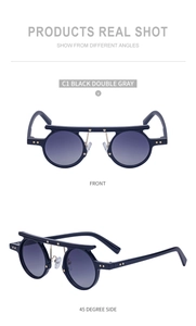 Detailed front and 45-degree views of black round sunglasses with star rivet accents