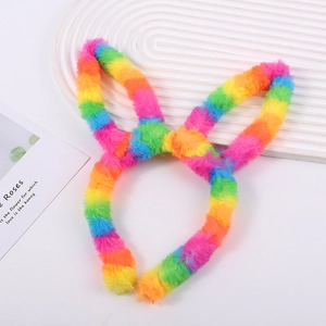 Rainbow plush rabbit ear headband for girls, fluffy colorful accessory for party and cosplay