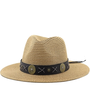 Wide Brim Straw Fedora Hat Bohemian Western Style With Faux Leather Band Metal Concho Sun Protection For Summer Vacation