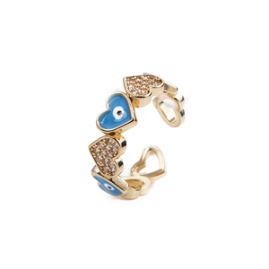 Adjustable golden heart ring with blue enamel evil eye and micro-paved zircons