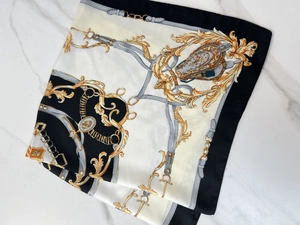 70cm silky square scarf with equestrian gold chain and horse motifs on marble