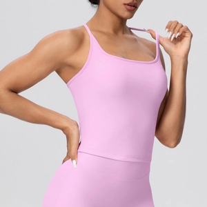 Pink slim fit sports camisole with thin straps and built-in pads for yoga fitness
