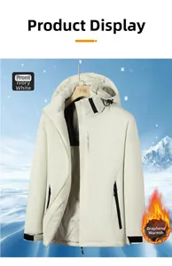 Details der elfenbeinfarbenen Graphen-Heizjacke mit winddichter Kapuze und Klettverschluss