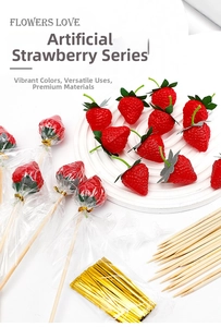 DIY bouquet materials featuring artificial red strawberries with green leaves and wooden sticks