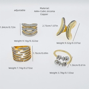 Detail view of adjustable cubic zirconia copper rings with size and weight dimensions