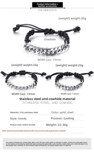 Detail view of 316L stainless steel chain and black braided leather rope bracelet specs
