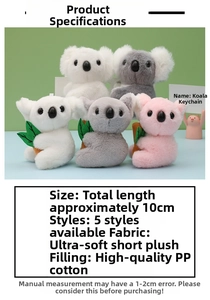 Detail showing plush koala keychains in pink, grey, and white with soft texture