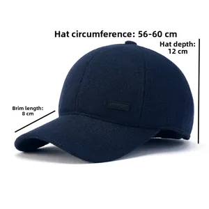 Detail view of navy wool baseball cap showing dimensions and sport tag for elder men