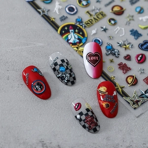 5D embossed space theme nail stickers with red hearts and astronaut designs