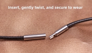 Detail of 2mm black waxed necklace cord with stainless steel twist clasp mechanism