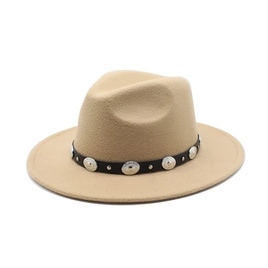 Classic beige wool fedora hat with black leather band and vintage silver metal buckles