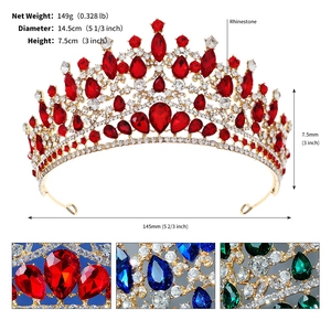 Detailed size parameters of a luxury rhinestone crown with red, blue, and green gems
