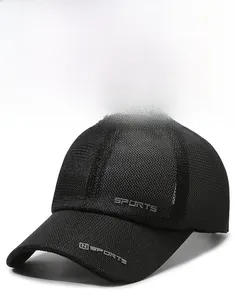 Detailed close-up of breathable mesh fabric and Sports embroidery on the black baseball cap