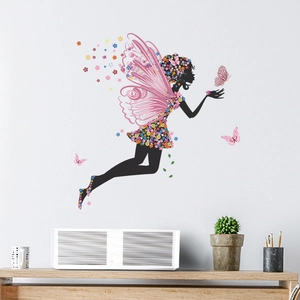 Sticker mural fée fleurie et papillons colorés pour décoration de chambre