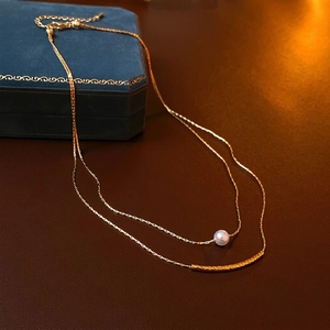Double Layer Necklace Copper Curved Bar And Baroque Imitation Artificial Pearl Elegant Minimalist Jewelry For Women