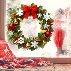 Christmas wreath with red bow and bells hanging on a snowy window for home decor