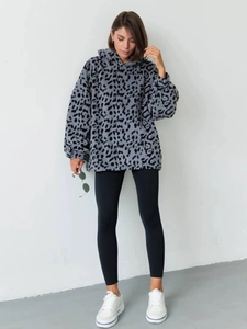 Women Leopard Print Polar Fleece Hoodie Oversized Streetwear Long Sleeve Pullover Autumn Winter Fashion Top
