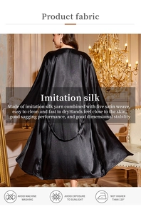 Detail of luxurious black imitation silk robe featuring premium five-satin weave texture