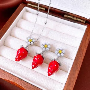Red Strawberry Artificial Pearl Flower Jewelry Alloy Necklace Earrings With Silver Earring Post Elegant Sweet Style For Women