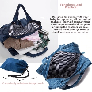 Detail of navy nylon diaper bag with striped lining and matching drawstring pouch