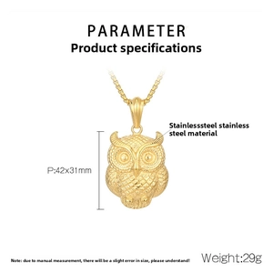 Detailed view of 42x31mm golden owl pendant with stainless steel box chain specs